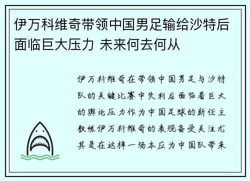 伊万科维奇带领中国男足输给沙特后面临巨大压力 未来何去何从 伊万科维奇带领中国男足输给沙特后面临巨大压力 未来何去何从