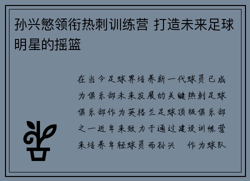 孙兴慜领衔热刺训练营 打造未来足球明星的摇篮 孙兴慜领衔热刺训练营 打造未来足球明星的摇篮