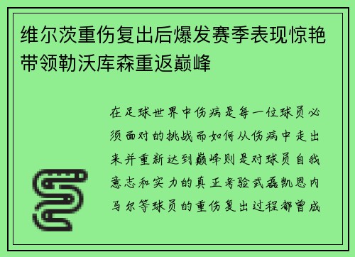 维尔茨重伤复出后爆发赛季表现惊艳带领勒沃库森重返巅峰 维尔茨重伤复出后爆发赛季表现惊艳带领勒沃库森重返巅峰